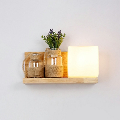 Wooden Natural Oak Bedroom Wall Light Cube Shape Indoor Wall Sconce in Frosted Glass Shade
