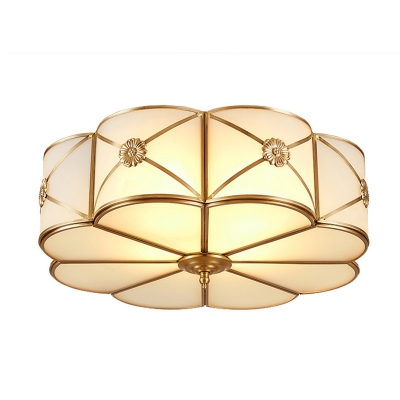 Brass Flower  Flush Mount Lighting Traditional Curved White Glass 5 Inchs Height Bedroom Ceiling Fixture