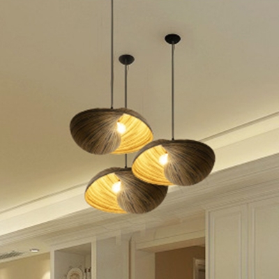 Brown Wood Hanging Lamp Chinese 1 Bulb Wooden Eye Shape Ceiling Pendant Light for Dining Room