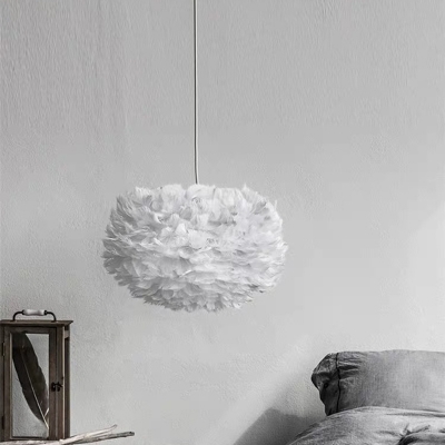 Contemporary Pendant White Feather Shade with 5 Light Circle Ceiling Mount Multi Light Pendant for Bedroom