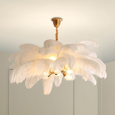 Feather Layers Pendant Chandelier Contemporary 6 Bulbs Hanging Ceiling Light for Bedroom