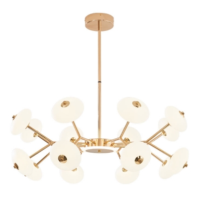 Gold Metal Arm Radial Suspension Lighting Modern Living Room Round Acrylic White Shade Chandelier