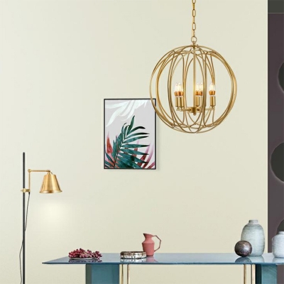 Gold Metal Cage Suspension Lighting Candlestick Industrial Living Room Orb Chandelier