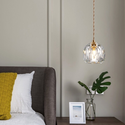 Gold Metal Chain Modern Bedroom Pendant Geometry Clear Crystal-Block 1-Head Hanging Lamp