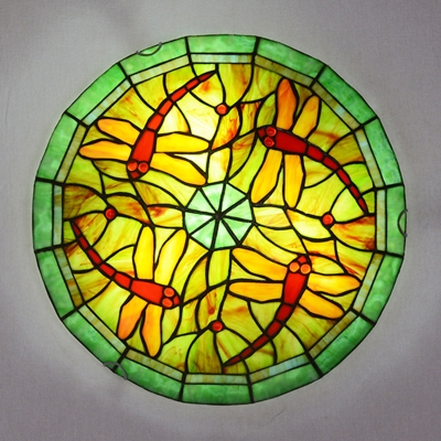 Green Glass LED Round Ceiling Lamp Tiffany Dragonfly Flush Mount Light for Living Room