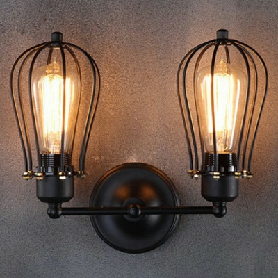 Industrial Metallic Vanity Lights Ambient Lighting 2 Bulbs Black Cage Wall Lamp