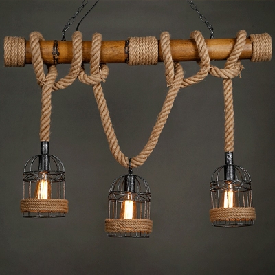 Iron Wire Cage Shade Solid Wooden Island Pendant 3 Lights Retro Industrial Style Hemp Rope Restaurant Ceiling Hang Light
