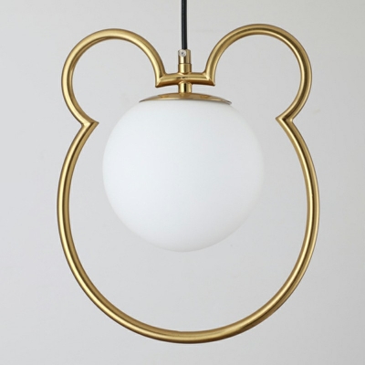 Little Bear Lines Frame Hanging Light with White Glass Ball Shade 9.5 Inchs Wide Golden Mini Pendant Fixtures for Bedroom
