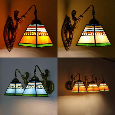 Metal Mermaid Arm Craftsman Style Pyramid Multicolored Glass Wall Lamp