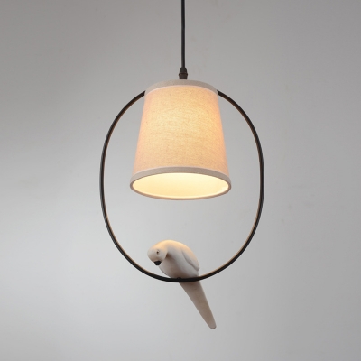 Oval Bird Decoration Pendant Modern Living Room Barrel Fabric White 1-Head Hanging Lamp