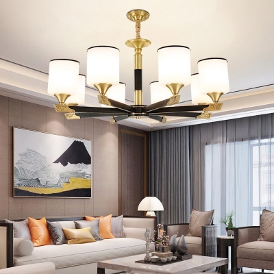 Radial Arm Modern Living Room Suspension Lighting White Frosted Glass Cylinder Shade Chandelier