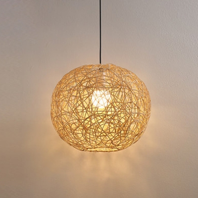 Rattan Cage Asian Style Restaurant Pendant Beige Globe Shaped 1-Bulb Hanging Lamp