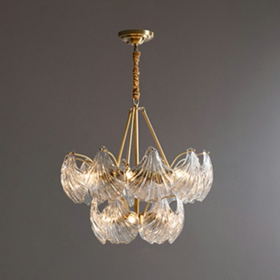 Ribbed Glass Shell Shade Suspension Light Modern Living Room Brass 2-Tier Chandelier