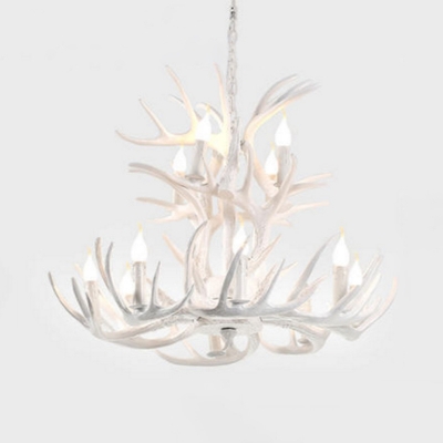 White Antler Pendant Lighting with Candle Design Country Style Resin Chandelier with 19.5 Inchs Height Adjustable Chain