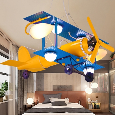 Yellow-Blue Pendant Metal Model Plane Kids Room 3-Head Hanging Lamp