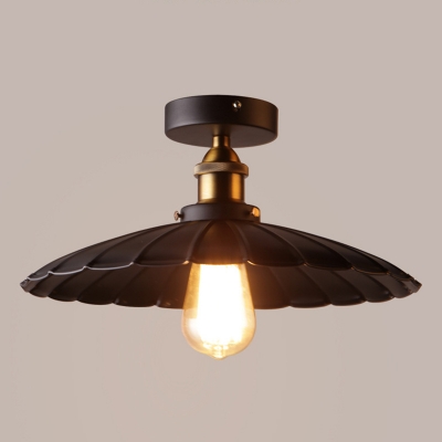 1 Bulb Metallic Scalloped Shade Semi Flush Mount Industrial Restaurant Ceiling Mounted Light in Black