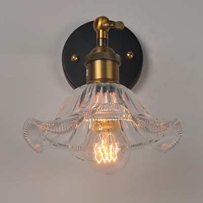 12 Inchs Wide Industrial Wall Scone with Pressed Clear Ribbed Glass Shade in Brass Finish