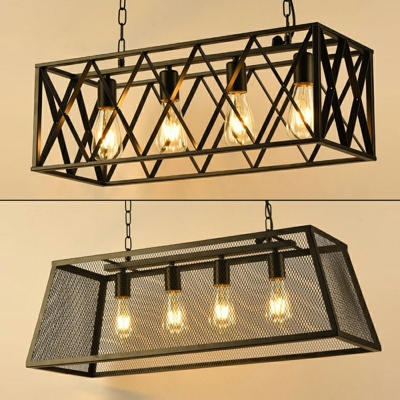 4-Lights Iron Cage Island Pendant Light Retro Industrial Style Hanging Light for Bar in Black