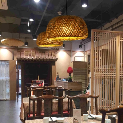 Bowl Bamboo Shade Asian Pendant with 1 Light Circle Ceiling Mount Single Pendant for Restaurant