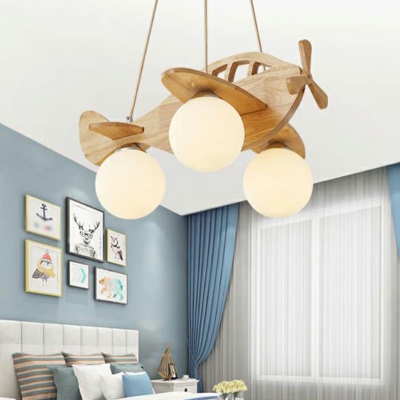 Carpenter Style Living Room Wood Suspension Light Globe White Glass 3-Head Chandelier