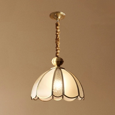 Colonial Style Ceiling Light with 1 Light Frosted Glass Shade Metal Ceiling Mount Single Pendant for Living Room in Brass