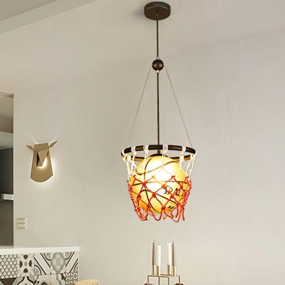 Creative Glass Basketball Shape Light with Nets Single Light Decorative Arts Hanging Light for Bedroom in Orange