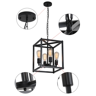 Cube Frame Metal Suspension Lighting Black Upwards Industrial Chandelier for Living Room