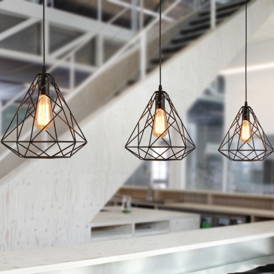 Diamond Form Black Pendant Industrial Living Room Iron Cage 1-Bulb Hanging Lamp