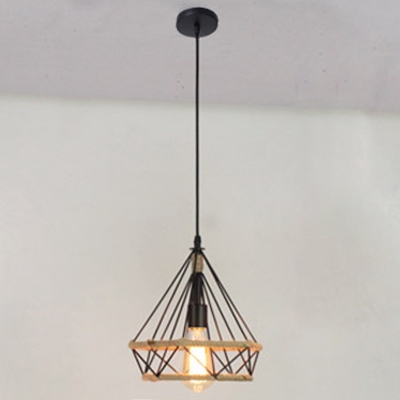 Diamond Iron Cage Pendant with Hemp Rope Industrial Living Room Black 1-Bulb Hanging Lamp