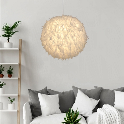 Feather Globe Shade Pendant Nordic Living Room White 1-Head Hanging Lamp