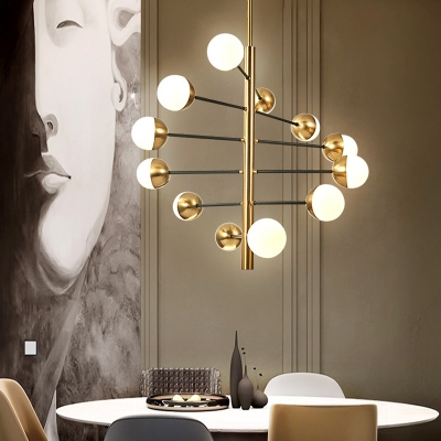 Gold-Black Radial Metal Arms Suspension Lighting Modern Dining Room Ball White Glass Chandelier