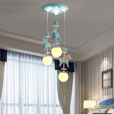 Kids Bedroom Macaron Metal Cartoon Carousel Pendant Ball White Glass Hanging Lamp