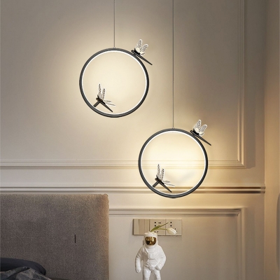 Metal Ring Postmodern Bedroom Pendant Dragonfly Decoration LED 1-Light Hanging Lamp