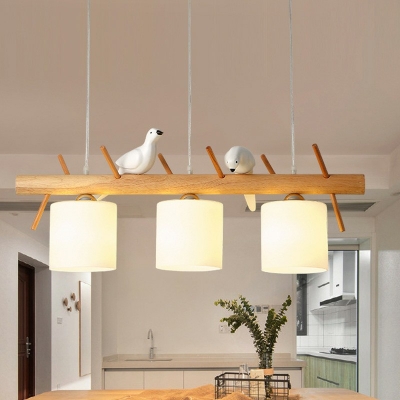 Opal Glass Cylindrical Island Light Nordic 47.5 Inchs Height Wood Pendant Lighting Fixture with Bird Decor