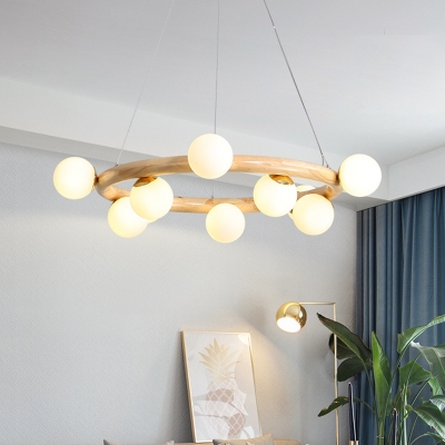 Postmodern Chandelier Wooden Circle Ceiling Pendant with Bubble Frosted Glass Shade for Living Room