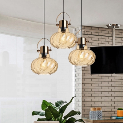 Pot Form Modern Kitchen Pendant Ribbed Glass 3-Head Hanging Lamp with Handle