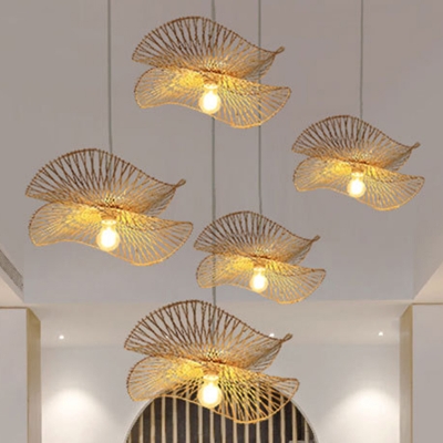 Ruffle Restaurant Pendant Lighting Bamboo 1 Head Contemporary Ceiling Hang Light in Wood