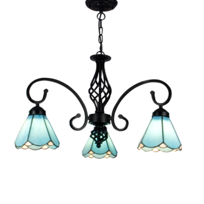 Tiffany Style Living Room Black Metal Arched Arms Suspension Lighting Blue Glass Dome Shade Chandelier
