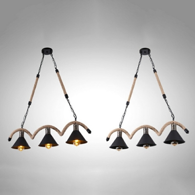 Wave-shaped Hemp Rope Island Lamp Industrial Retro Metal Saucer Shade Pendant Light for Bar in Black