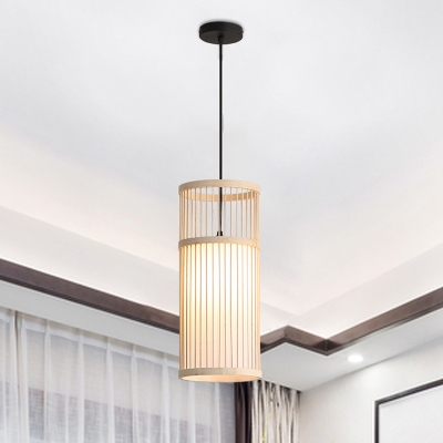 1 Light Asian Hanging Light Cylinder Wooden Shade Circle Ceiling Mount Single Pendant for Restaurant
