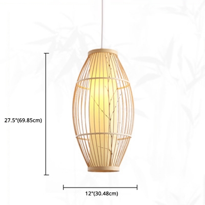 Asian 1-Light Hanging Light Wood Barrel Pendant Lighting Fixture with Bamboo Cage Shade in Beige