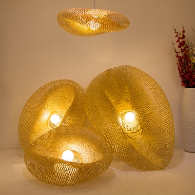 Asian Style Living Room Beige 1-Bulb Pendant Straw Hat Design Bamboo Hanging Lamp