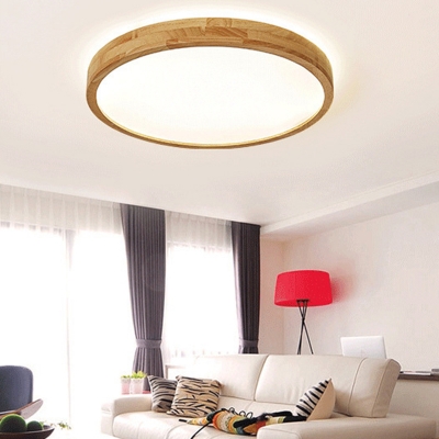 Bedroom LED Flushmount 16 Inchs Wide Nordic Wood Thin Ceiling Flush Light with Round Shade