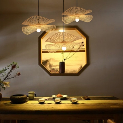 Beige Bamboo Frame 1-Bulb Pendant Asian Style Restaurant Straw Hat Hanging Lamp