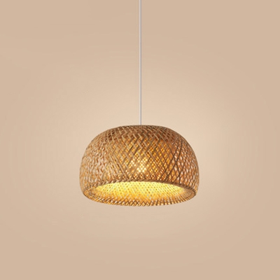 Bowl Shaped Asian Style Restaurant Pendant Beige Bamboo 1-Head Hanging Lamp