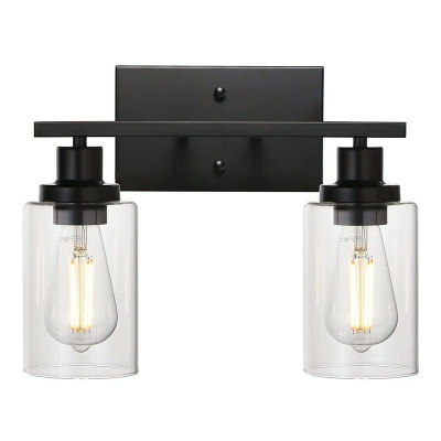 Cylindrical Clear Glass Vanity Lighting 2Heads Industrial Style Wall Lamp in Black for Bathroom