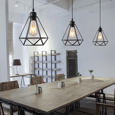 Dining Table Diamond Cage Pendant Light Metal Industrial 8 Inchs Wide Black Finish Hanging Light