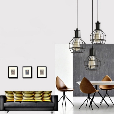 Dome Iron Cage Pendant Industrial Living Room Black 3-Bulb Hanging Lamp with Round Canopy