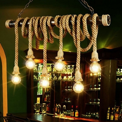 Flaxen Natural Rope Island Light Industrial Dining Room Metal 6 Bare Bulbs Island Pendant