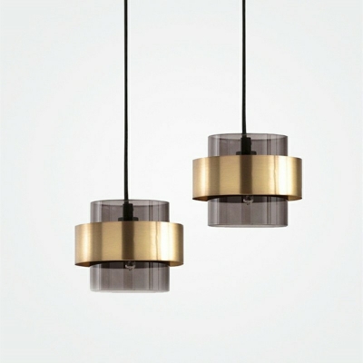 Gold Circle Detail Pendant Modern Living Room Glass Shade Cylinder 1-Bulb Hanging Lamp